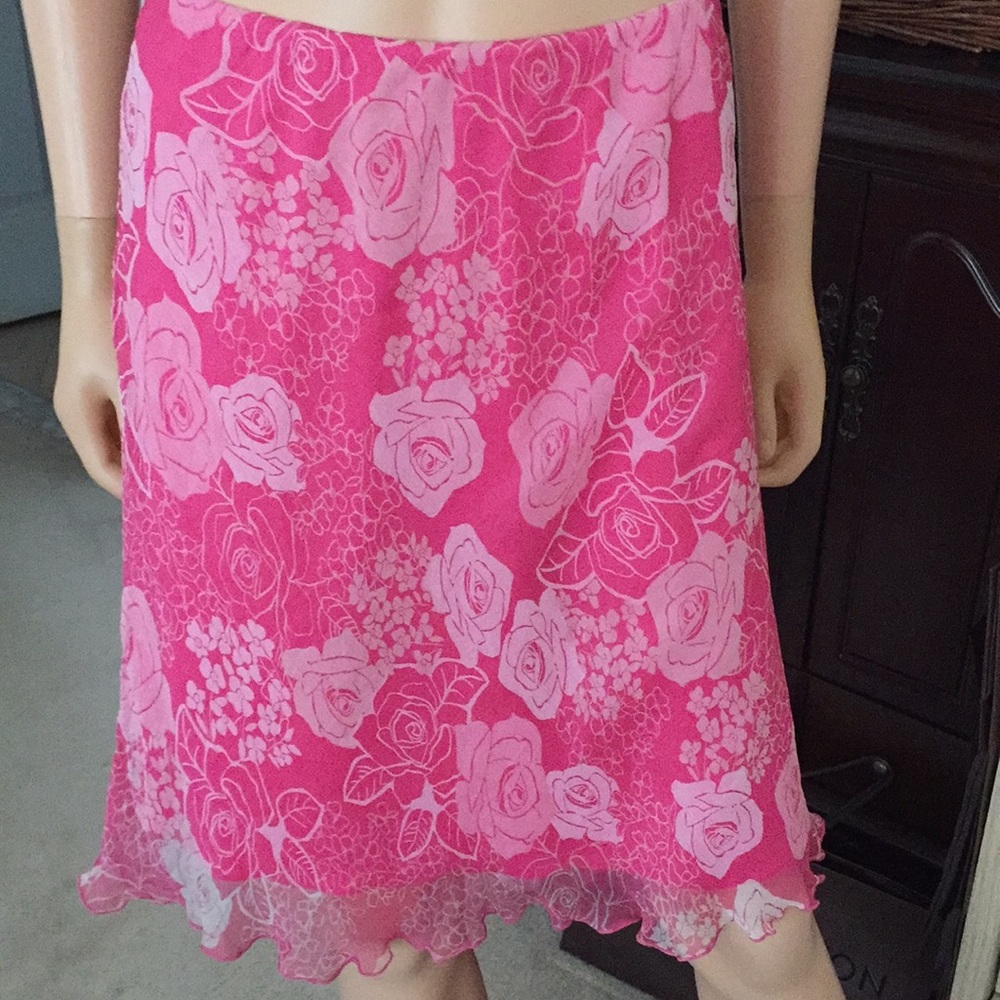 Hillard & Hanson Y2K Pink Rose Jacquard 100% Silk Lettuce Hem Skirt - Picture 7 of 8